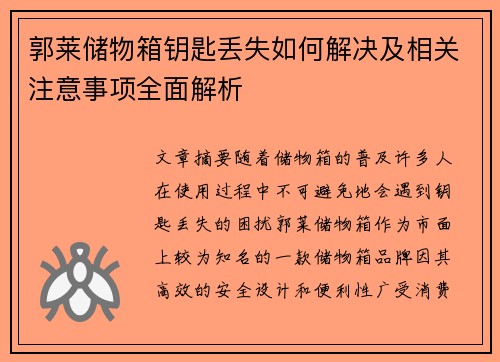 郭莱储物箱钥匙丢失如何解决及相关注意事项全面解析